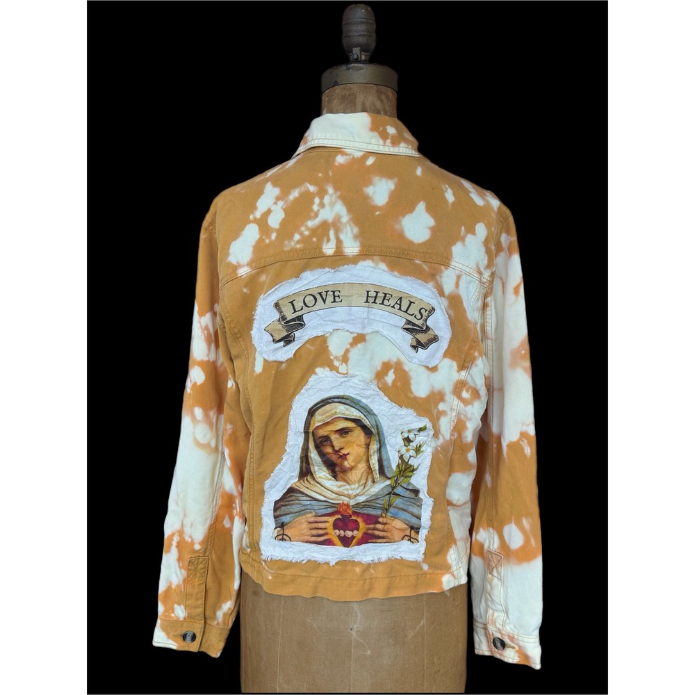 Upcycled Sacred Heart Jacket Love‎ Heals Bleached Denim Style Jacket M